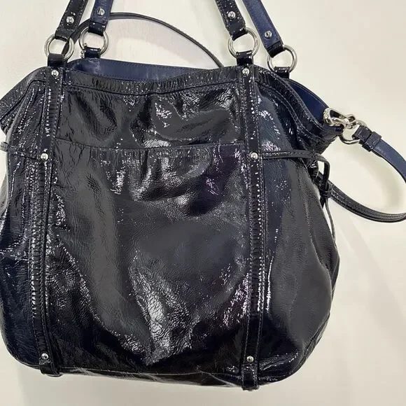 COACH 19569 Audrey Cinched Dark Blue Patent Leather Shoulder Bag Purse - Picture 5 of 12